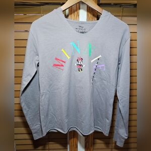 NEW Disney Minnie Mouse Gray Lightweight Hoodie Raw Hem Women’s Size Medium
